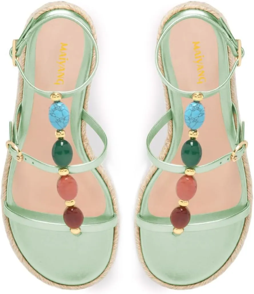 Maiyang Women Charming Jewelled T-Strap Espadrille Platform Sandals Open Toe Buckled Summer Beach Daily Casual Shoes Size 4-16 US