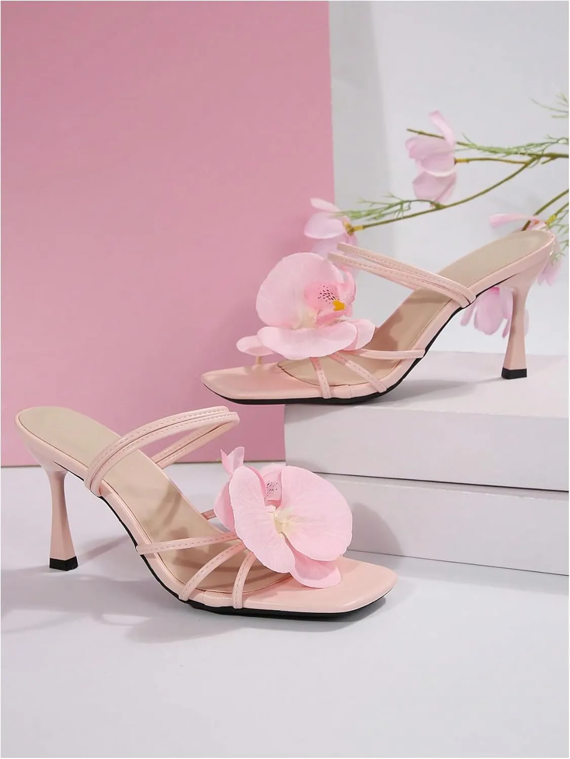 MakeMeChic Women's Open Toe Floral Kitten Heels Flower Summer Beach Sandals