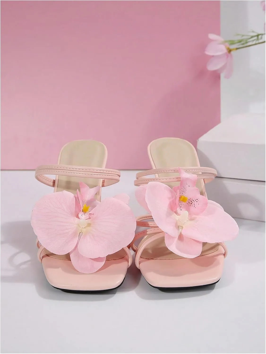 MakeMeChic Women's Open Toe Floral Kitten Heels Flower Summer Beach Sandals
