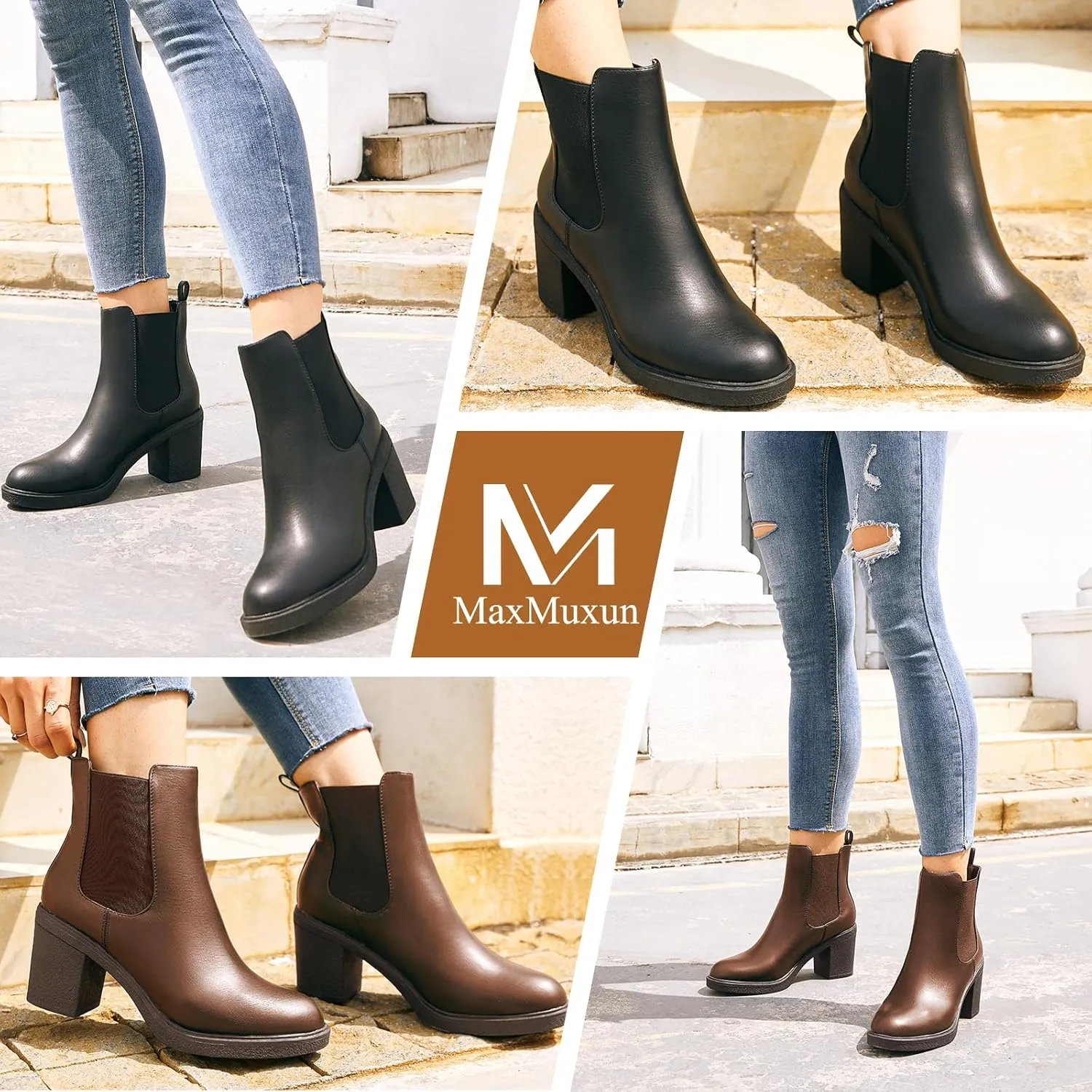 MaxMuxun Women's Chelsea Ankle Boots with Heels Slip on Round Toe Platform Heeled Booties for Women