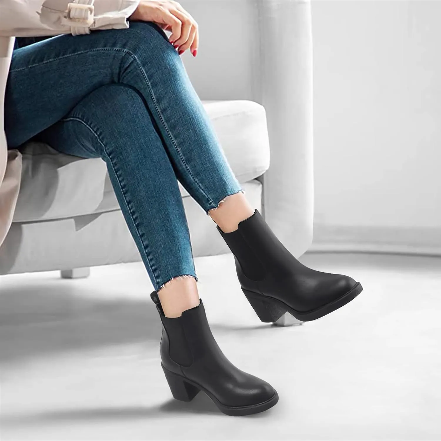 MaxMuxun Women's Chelsea Ankle Boots with Heels Slip on Round Toe Platform Heeled Booties for Women