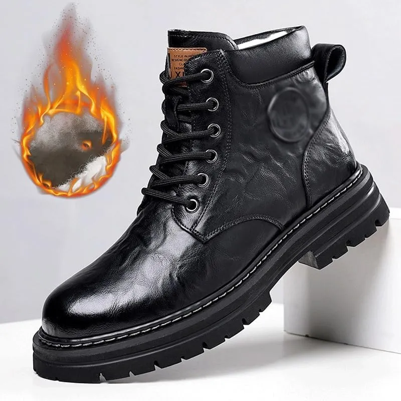 Men's Boots Velvet Thickened Warm Cotton Shoes Vintage Men's Warm Lined Lace Up Work Boots Anti-Slip Wear-Resistant Oxford Shoes