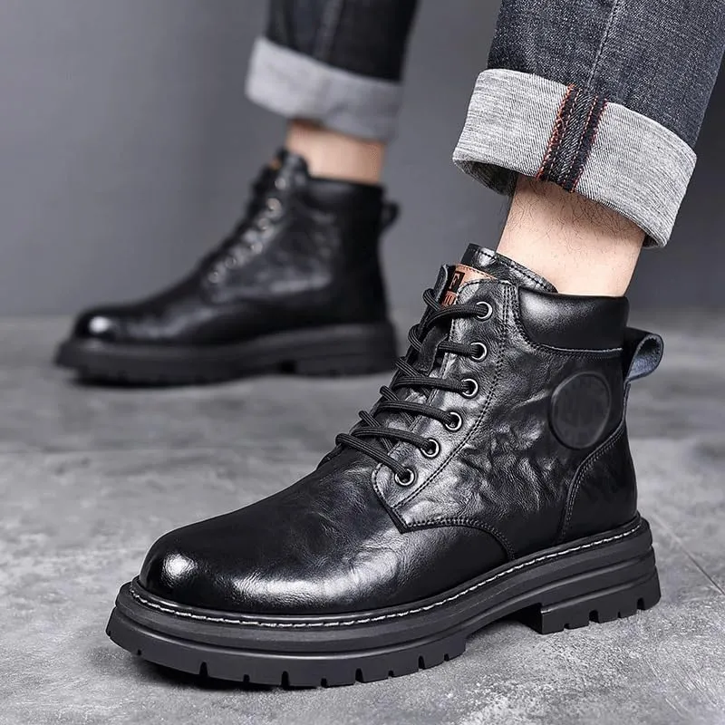 Men's Boots Velvet Thickened Warm Cotton Shoes Vintage Men's Warm Lined Lace Up Work Boots Anti-Slip Wear-Resistant Oxford Shoes