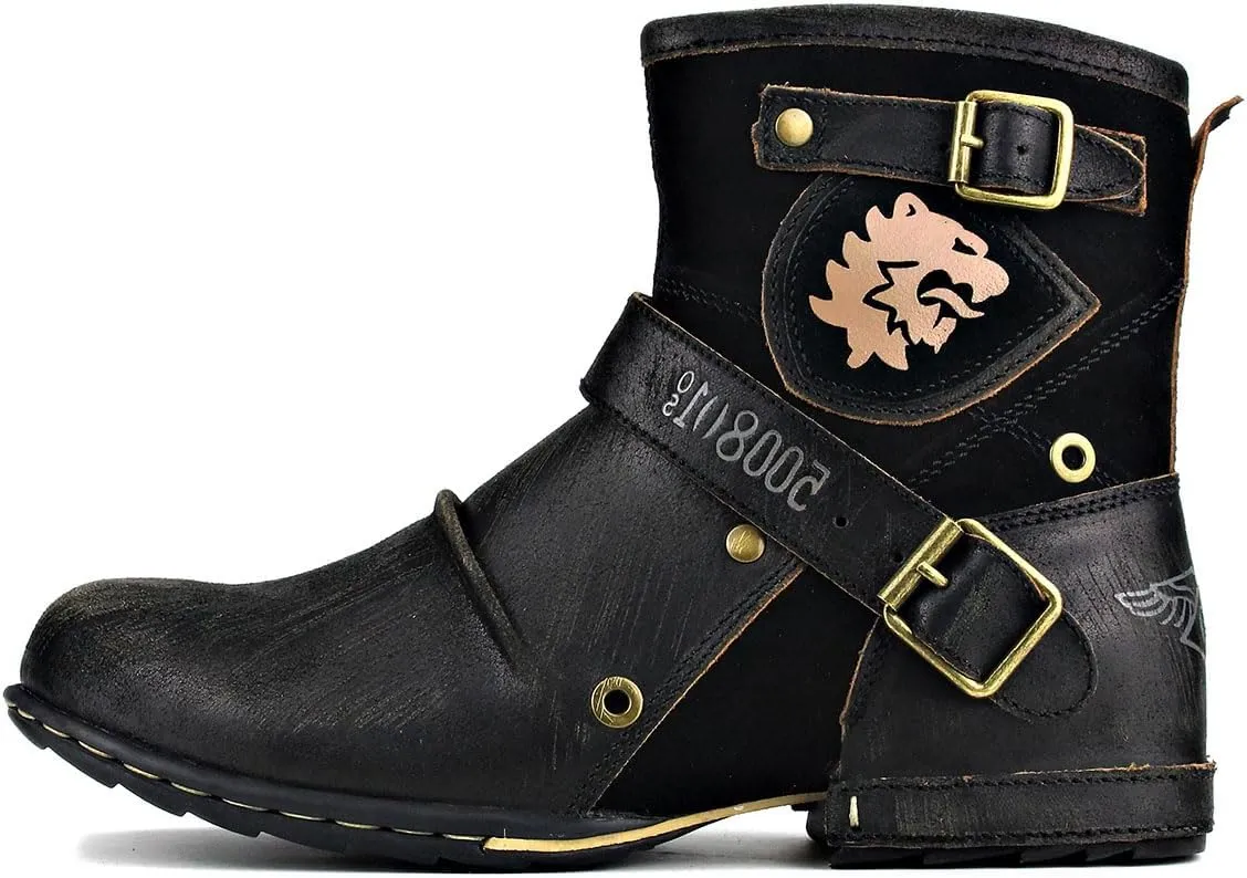 Mens Chukka Biker Cowboy Stylish Motorcycle Combat Hiking Fashion Casual Cowhide Leather Ankle Side Zipper Boots 5008-1-DD1D2