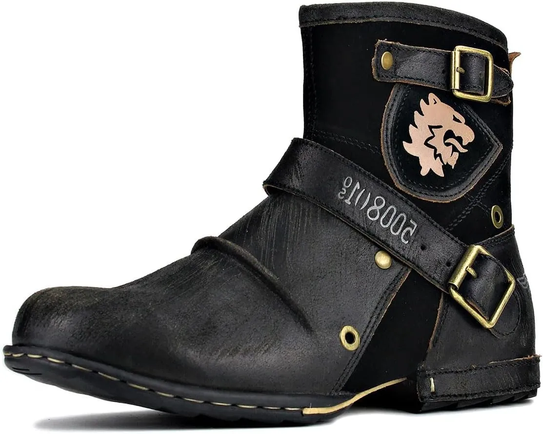 Mens Chukka Biker Cowboy Stylish Motorcycle Combat Hiking Fashion Casual Cowhide Leather Ankle Side Zipper Boots 5008-1-DD1D2