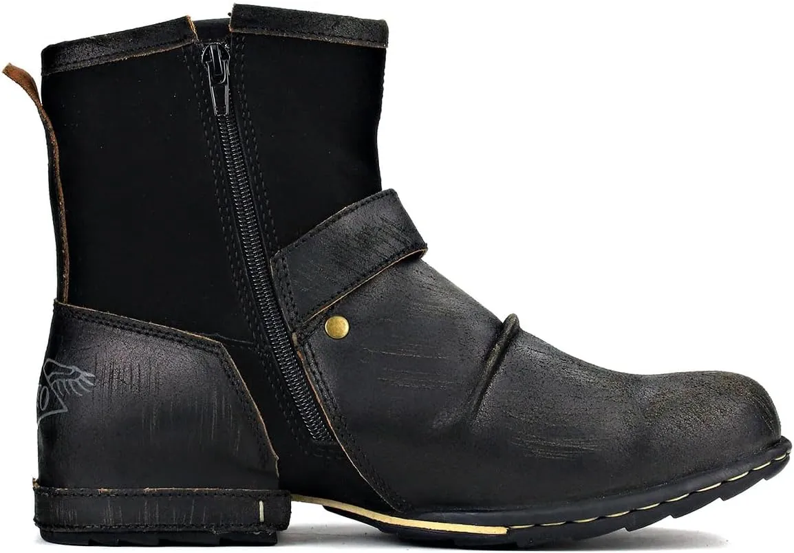 Mens Chukka Biker Cowboy Stylish Motorcycle Combat Hiking Fashion Casual Cowhide Leather Ankle Side Zipper Boots 5008-1-DD1D2