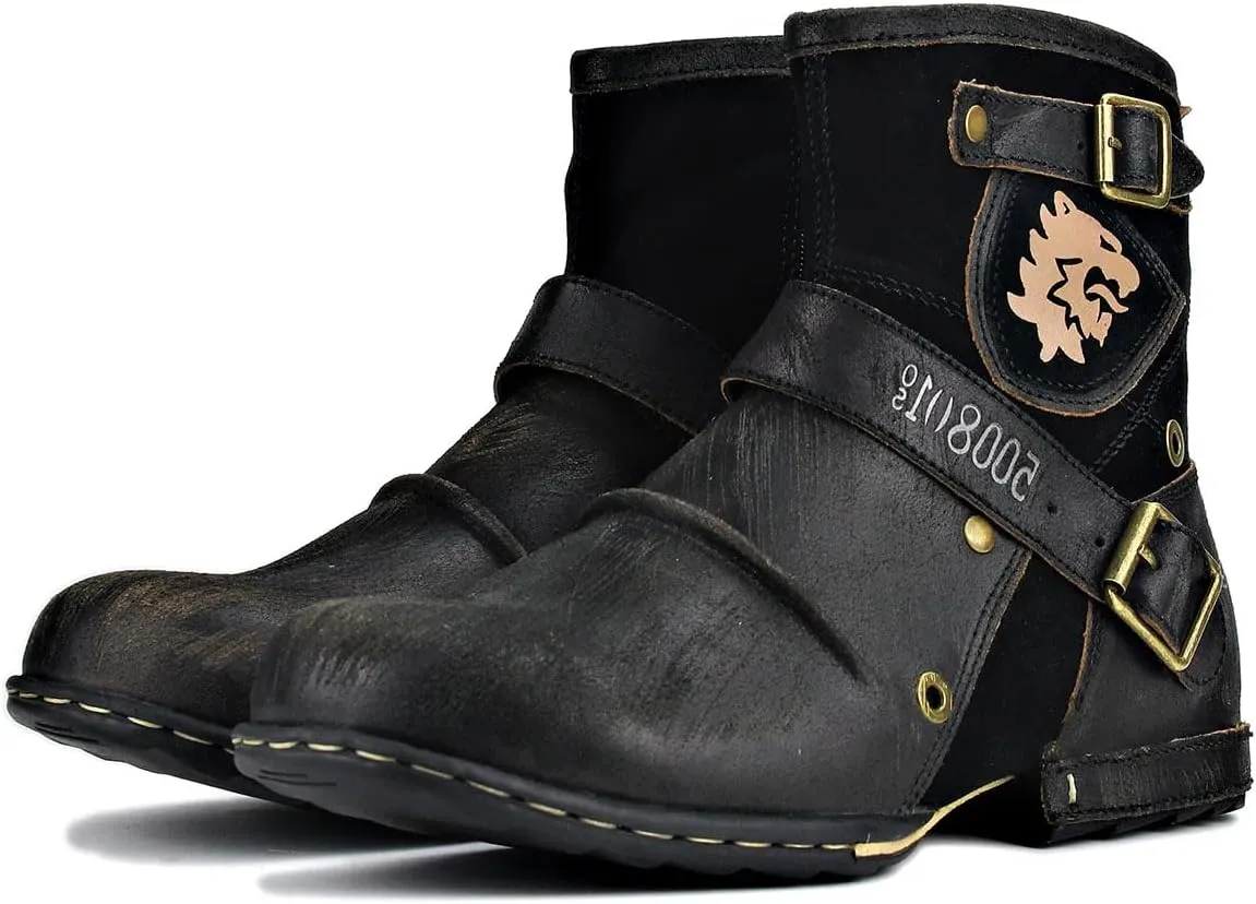 Mens Chukka Biker Cowboy Stylish Motorcycle Combat Hiking Fashion Casual Cowhide Leather Ankle Side Zipper Boots 5008-1-DD1D2