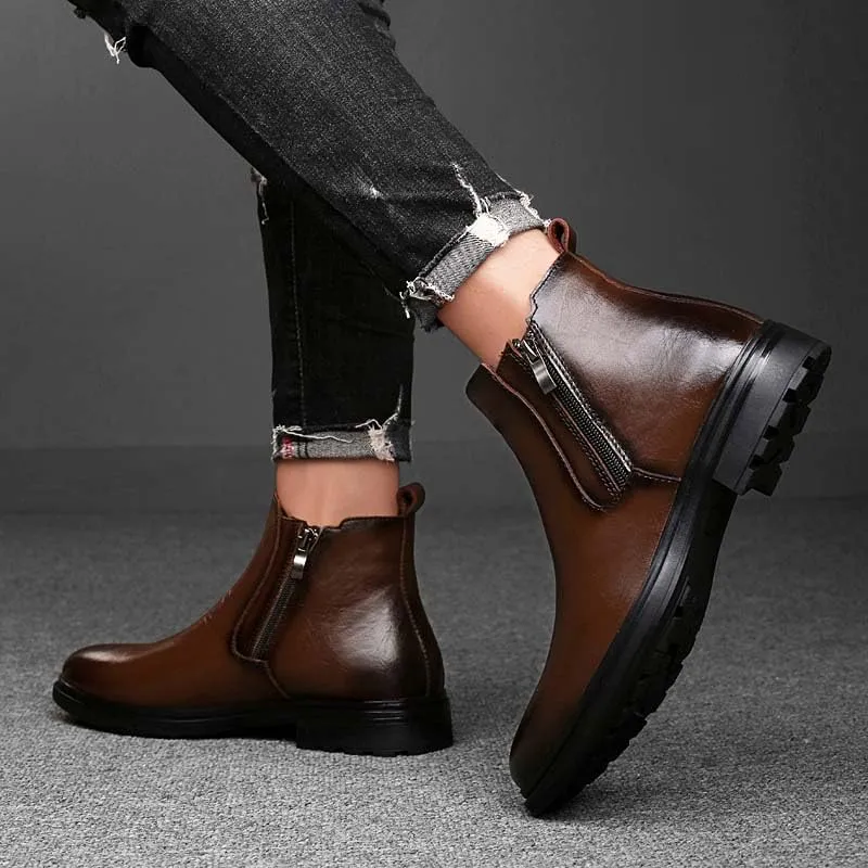 Men's Genuine Cowhide Chelsea Boots,Fashion Oxford Boots,Casual Chukka Boots,Men's Outdoor Business Casual Boots,Zipper,Hand Stitching,Formal Shoes