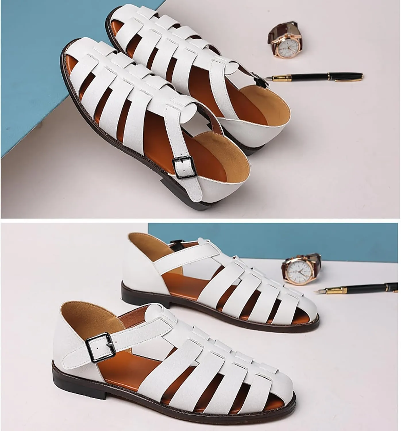 Men's Leather Roman Fisherman Sandals with Adjustable Buckle Closed Toe Summer Beach Non-Slip Comfortable Casual Walking Sandals Daily Slippers Sandals