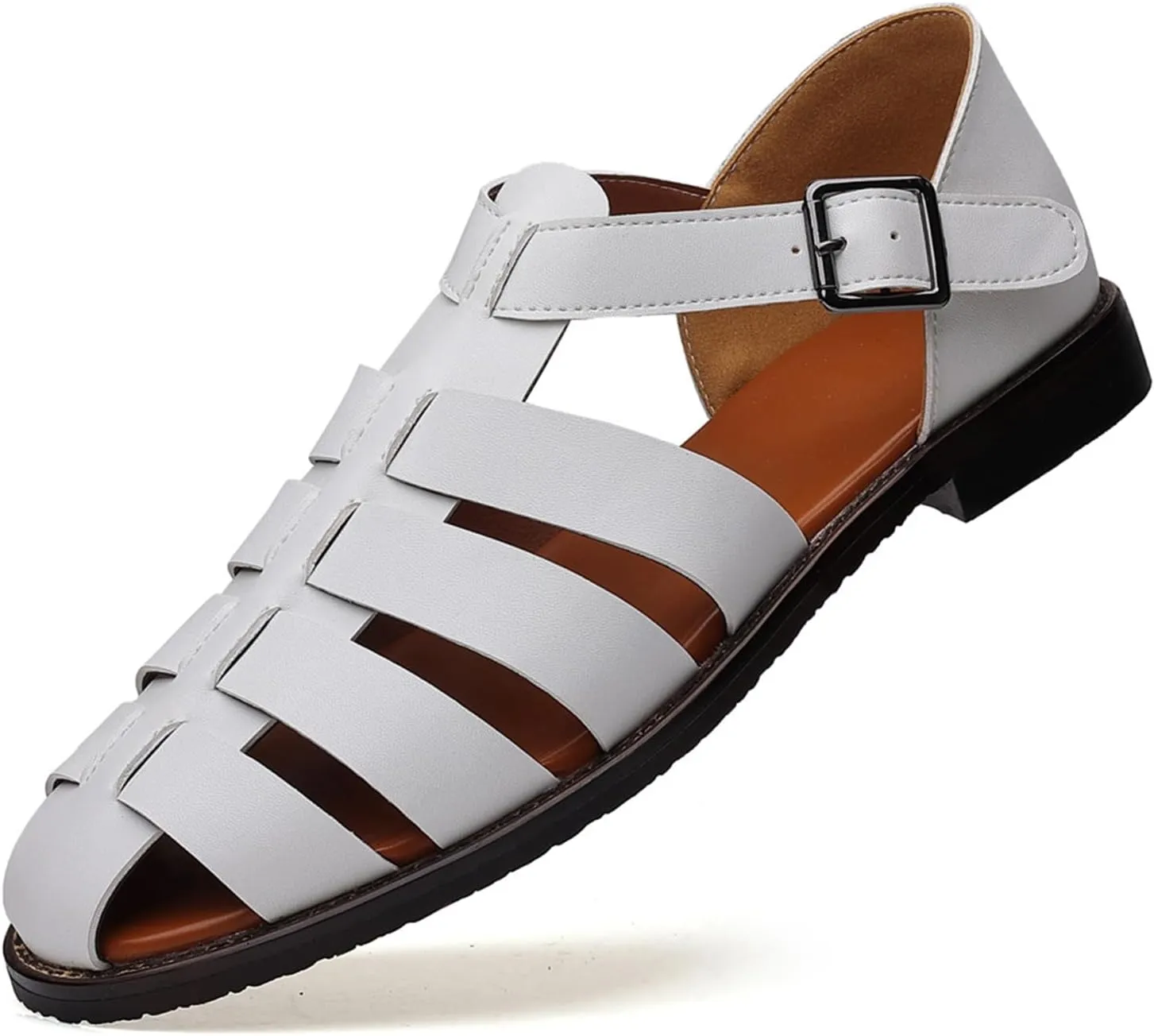 Men's Leather Roman Fisherman Sandals with Adjustable Buckle Closed Toe Summer Beach Non-Slip Comfortable Casual Walking Sandals Daily Slippers Sandals