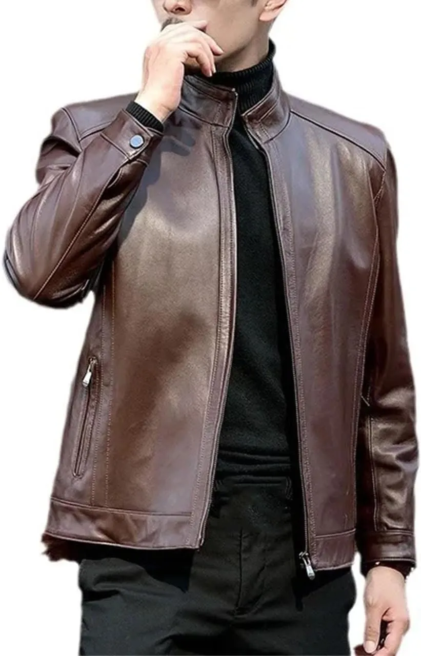 Men’s Sheepskin Leather Jacket Spring Cool Weather Casual Slim Fit Business Coat