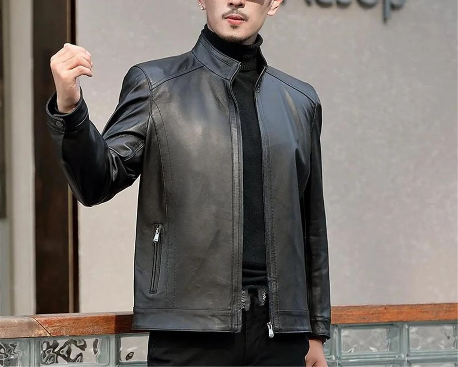 Men’s Sheepskin Leather Jacket Spring Cool Weather Casual Slim Fit Business Coat