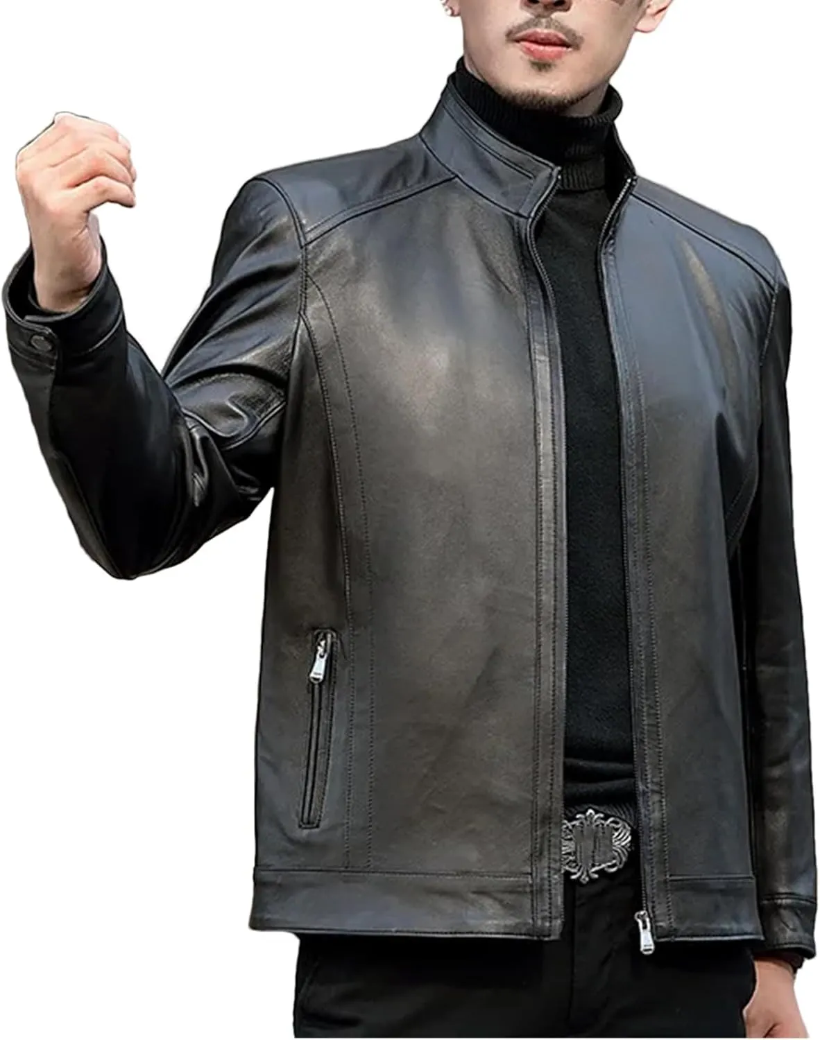 Men’s Sheepskin Leather Jacket Spring Cool Weather Casual Slim Fit Business Coat
