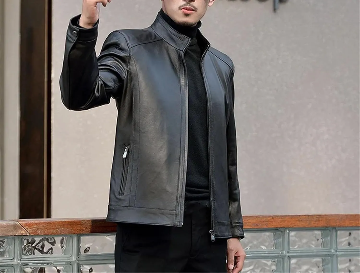 Men’s Sheepskin Leather Jacket Spring Cool Weather Casual Slim Fit Business Coat