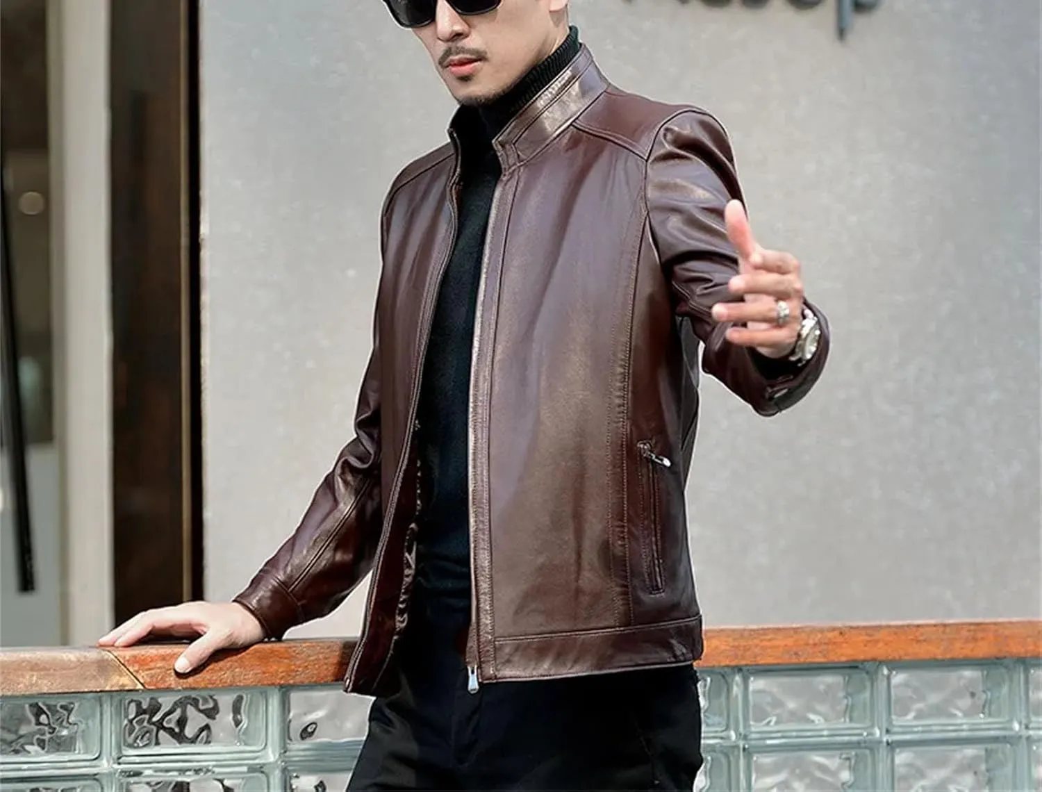 Men’s Sheepskin Leather Jacket Spring Cool Weather Casual Slim Fit Business Coat