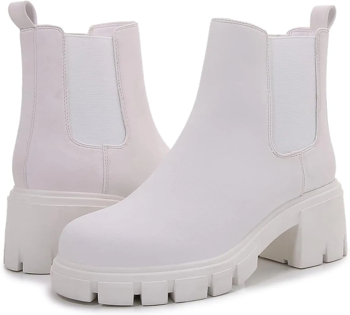 mm Womens Platform Ankle Boots Round Toe Knit Elastic Slip On Chunky Block Mid Heel Chelsea Booties Lug Sole Non-Slip Matte Suede Shoes Fall Winter, White, Black