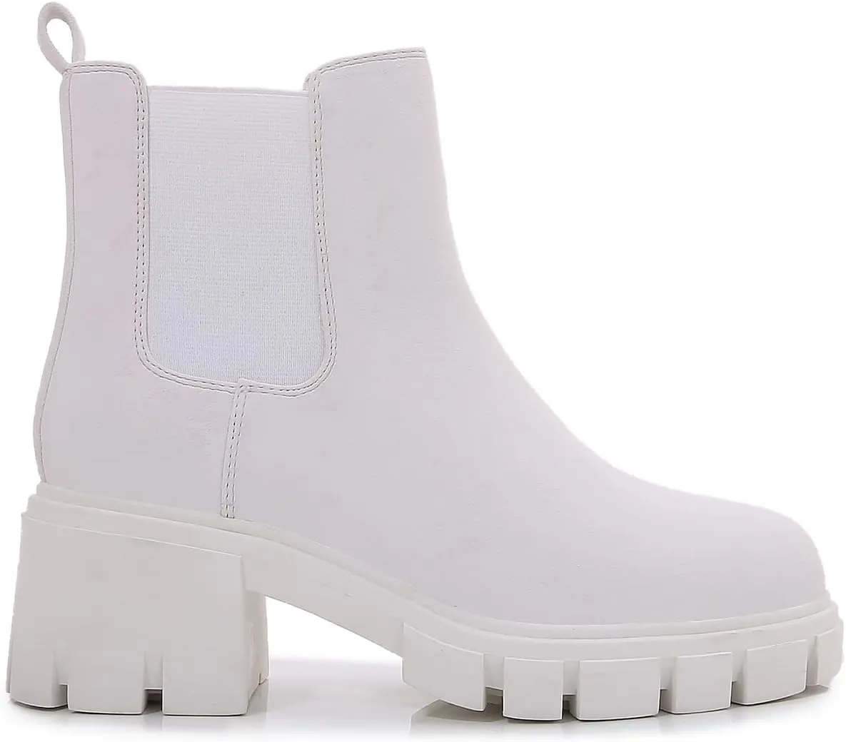 mm Womens Platform Ankle Boots Round Toe Knit Elastic Slip On Chunky Block Mid Heel Chelsea Booties Lug Sole Non-Slip Matte Suede Shoes Fall Winter, White, Black