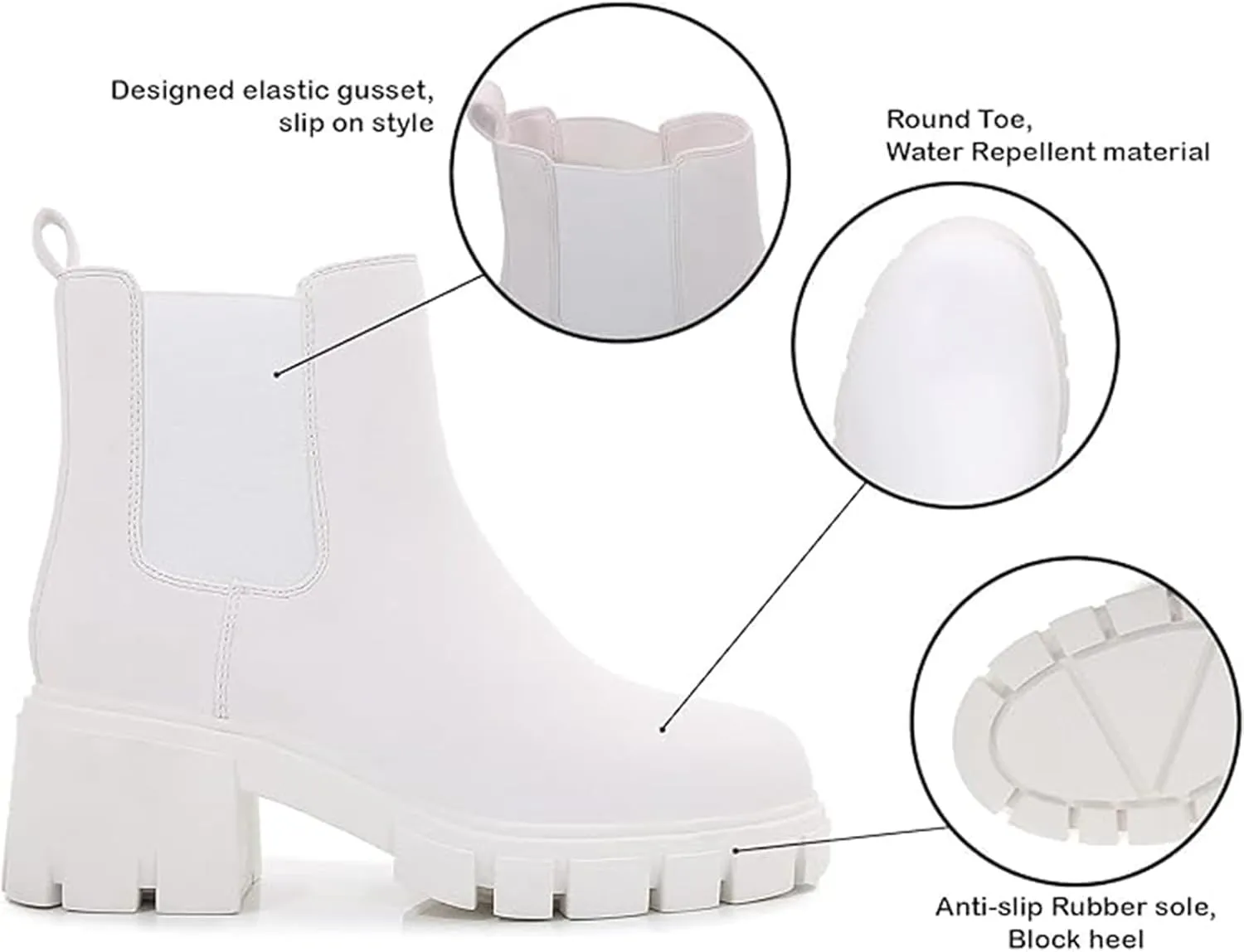 mm Womens Platform Ankle Boots Round Toe Knit Elastic Slip On Chunky Block Mid Heel Chelsea Booties Lug Sole Non-Slip Matte Suede Shoes Fall Winter, White, Black