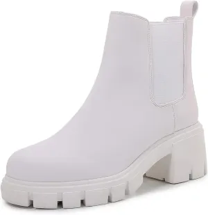 mm Womens Platform Ankle Boots Round Toe Knit Elastic Slip On Chunky Block Mid Heel Chelsea Booties Lug Sole Non-Slip Matte Suede Shoes Fall Winter, White, Black