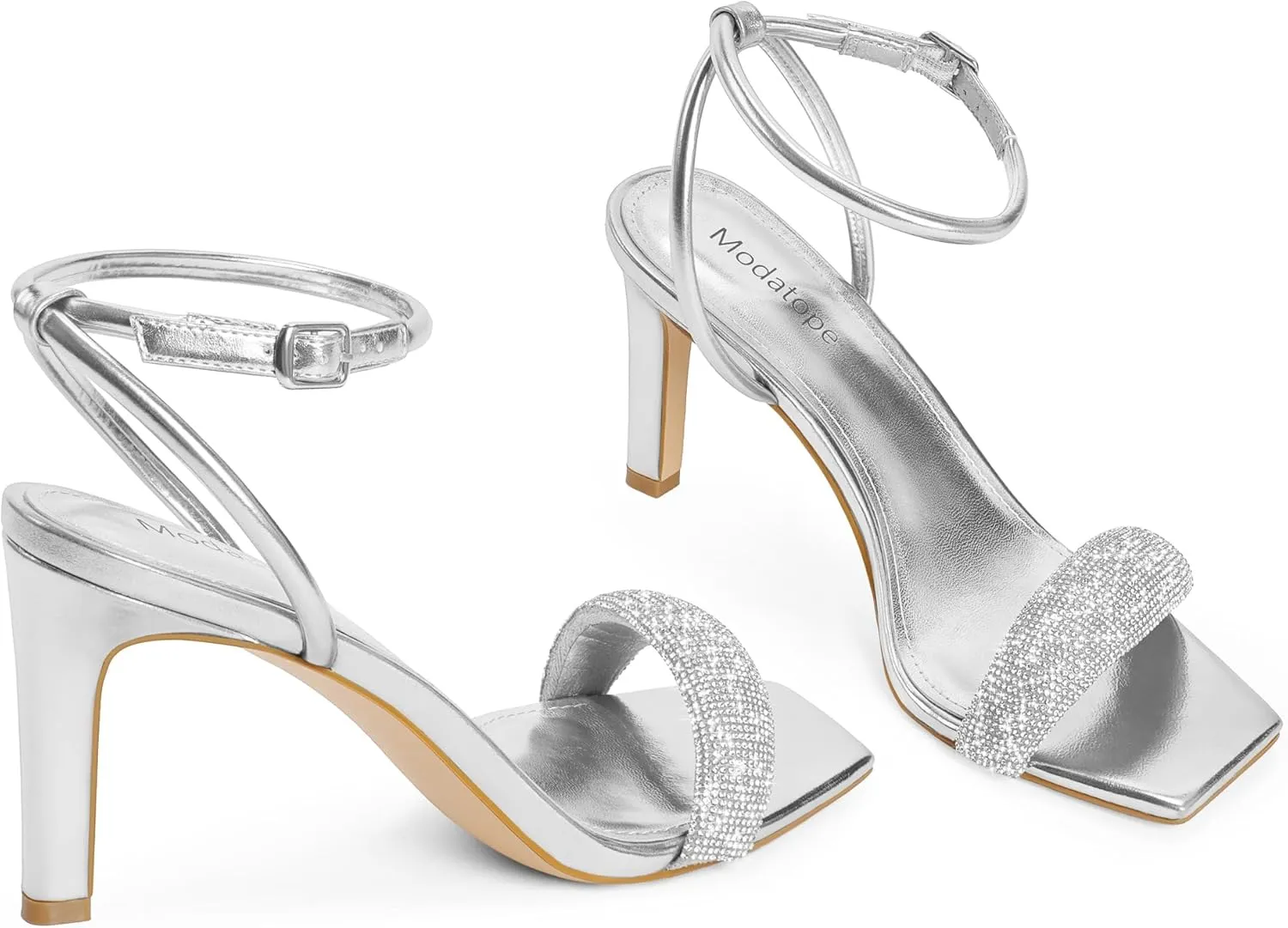Modatope Womens Heels Square Open Toe Strappy High Heels Ankle Strap Heeled Sandals for Women Party Wedding Daily Wear