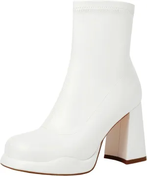 Mofirdast Gogo Boots Platform Chunky Heel Ankle Boots for Women, Square Toe Mid Calf Boots with Side Zippers for Party, Cosplay, or Dance
