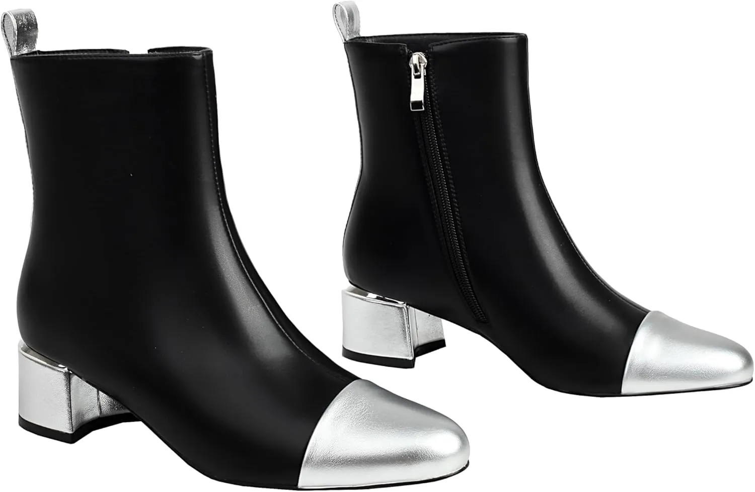 Mofirdast Womens Ankle Chunky Low Heels Boots Round Cap Toe Two-tone Color Blocking Booties Side Zipper Mid calf Boots