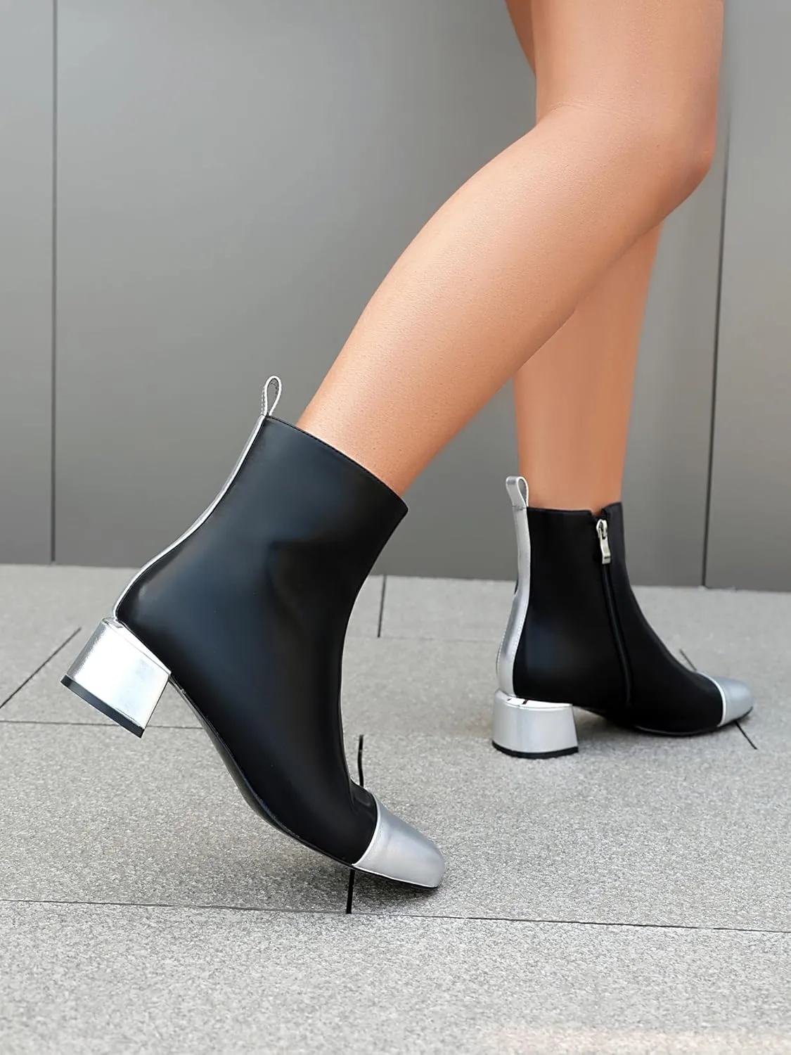 Mofirdast Womens Ankle Chunky Low Heels Boots Round Cap Toe Two-tone Color Blocking Booties Side Zipper Mid calf Boots
