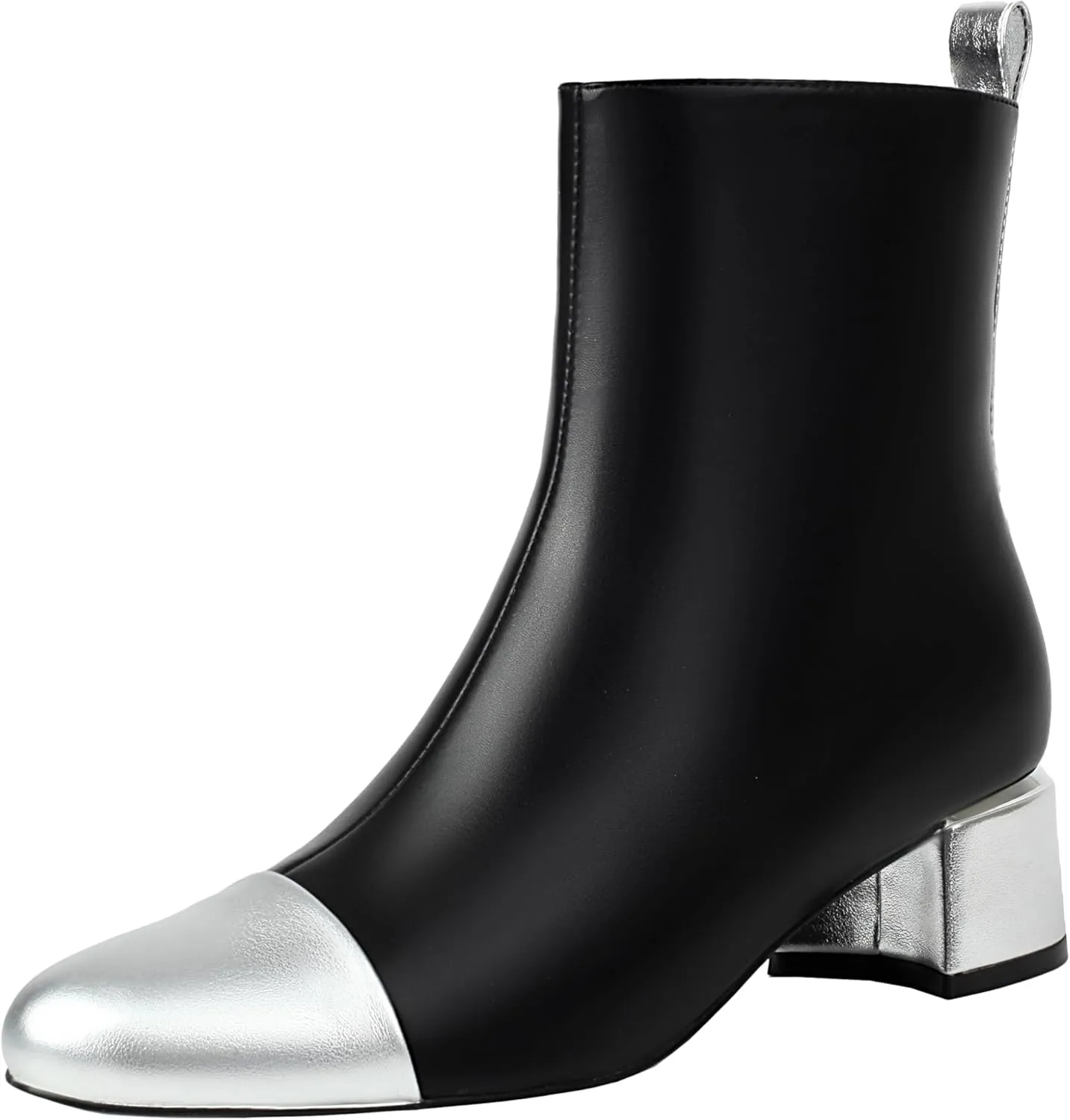 Mofirdast Womens Ankle Chunky Low Heels Boots Round Cap Toe Two-tone Color Blocking Booties Side Zipper Mid calf Boots