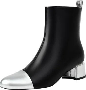 Mofirdast Womens Ankle Chunky Low Heels Boots Round Cap Toe Two-tone Color Blocking Booties Side Zipper Mid calf Boots
