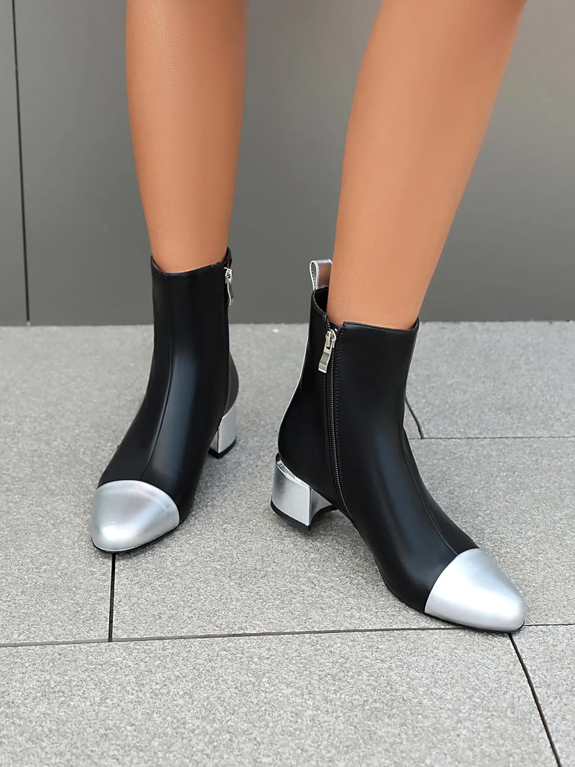 Mofirdast Womens Ankle Chunky Low Heels Boots Round Cap Toe Two-tone Color Blocking Booties Side Zipper Mid calf Boots