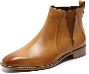 Mona flying Womens Classic Leather Chelsea Boot Low Heel Pull on Ankle Booties Square Toe