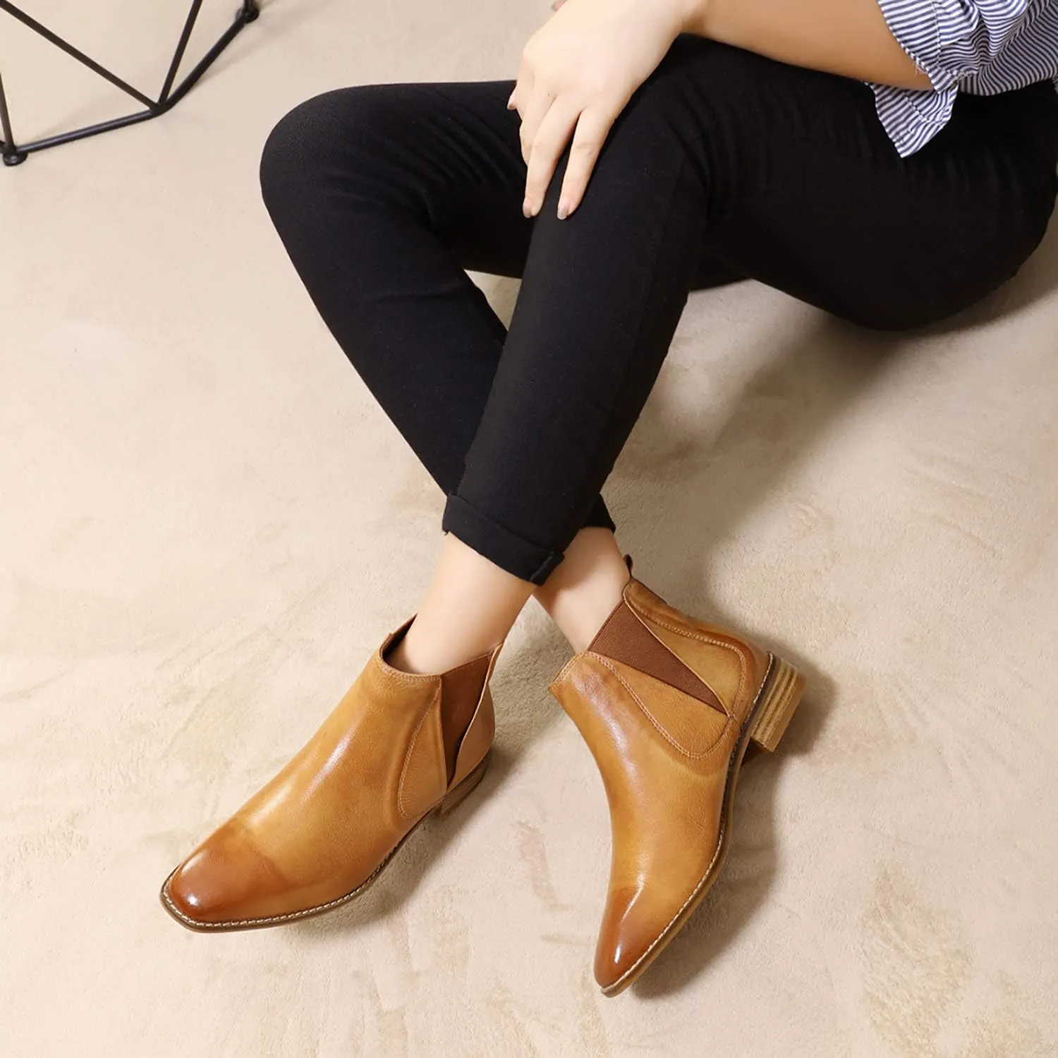 Mona flying Womens Classic Leather Chelsea Boot Low Heel Pull on Ankle Booties Square Toe