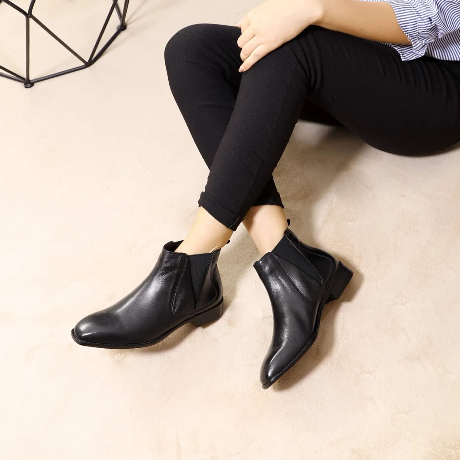 Mona flying Womens Classic Leather Chelsea Boot Low Heel Pull on Ankle Booties Square Toe