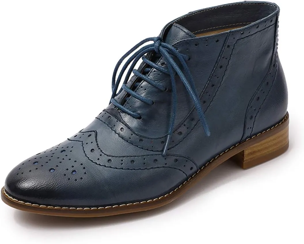 Mona flying Women's Leather Lace-up Wingtip Oxfords Brogue Boots Ankle High Vintage Tie up Booties Ladies Low Heel Short Boots