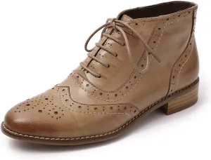 Mona flying Women's Leather Lace-up Wingtip Oxfords Brogue Boots Ankle High Vintage Tie up Booties Ladies Low Heel Short Boots