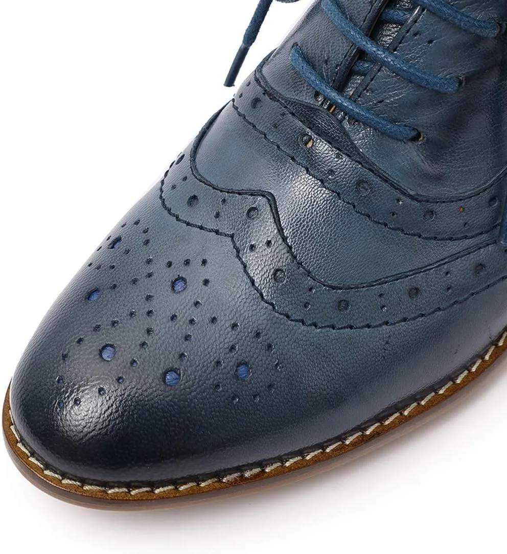 Mona flying Women's Leather Lace-up Wingtip Oxfords Brogue Boots Ankle High Vintage Tie up Booties Ladies Low Heel Short Boots