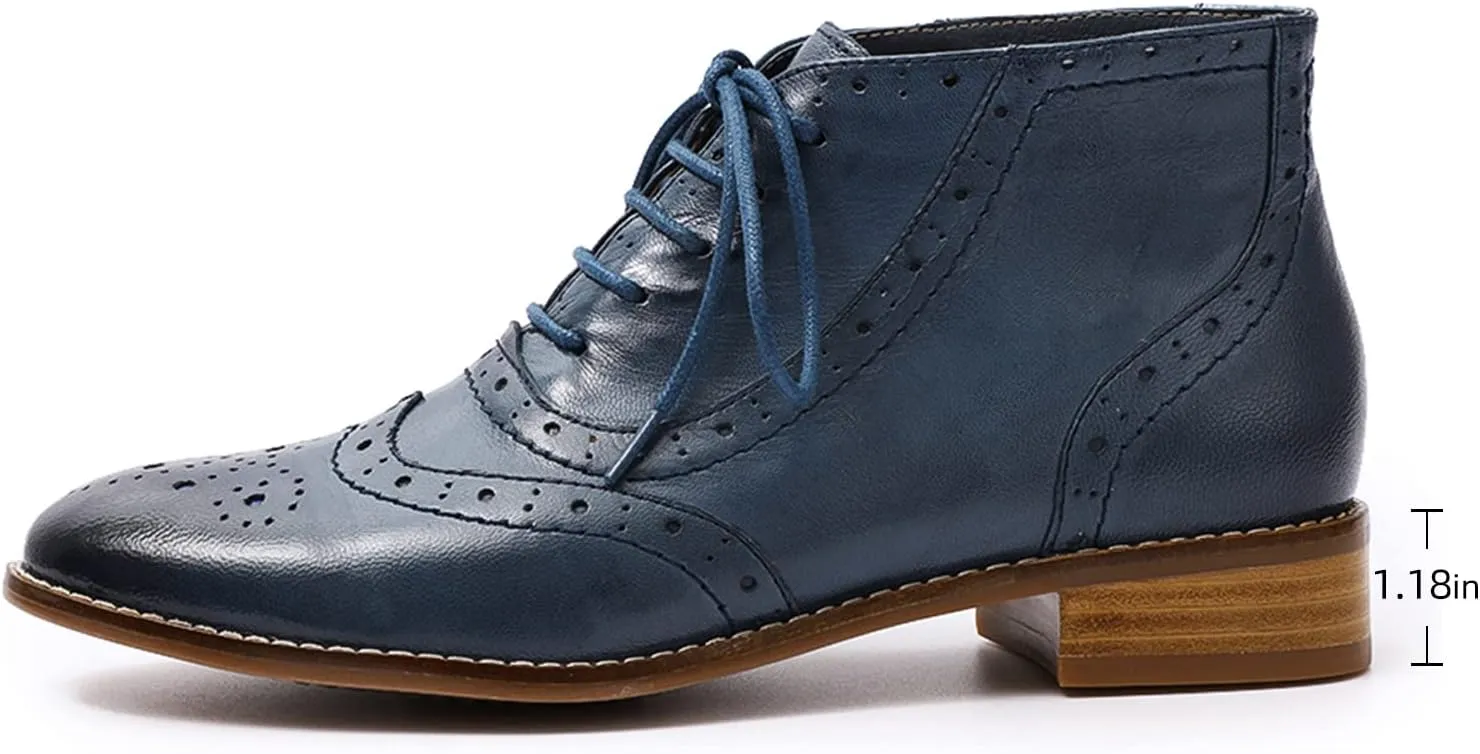 Mona flying Women's Leather Lace-up Wingtip Oxfords Brogue Boots Ankle High Vintage Tie up Booties Ladies Low Heel Short Boots