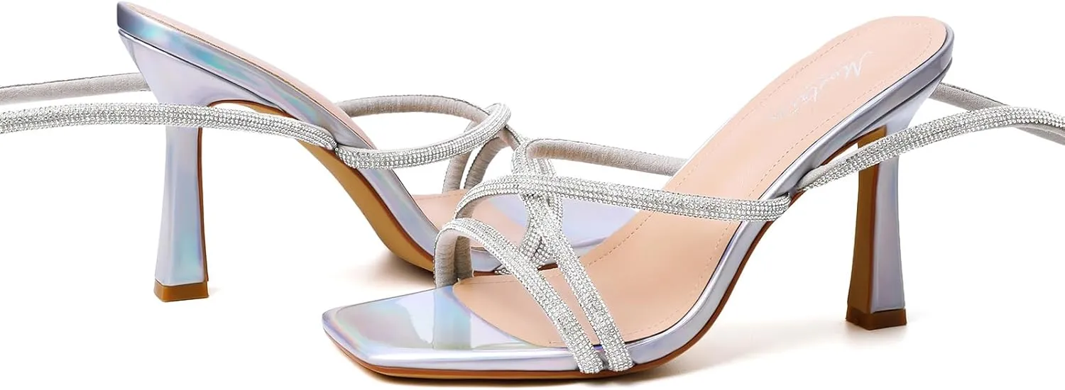 Mostrin Womens Sandals Strappy Heels for Women Lace Up Square Open Toe Heels Tie Up High Heeled Sandals for Prom, Party, Daily Wear