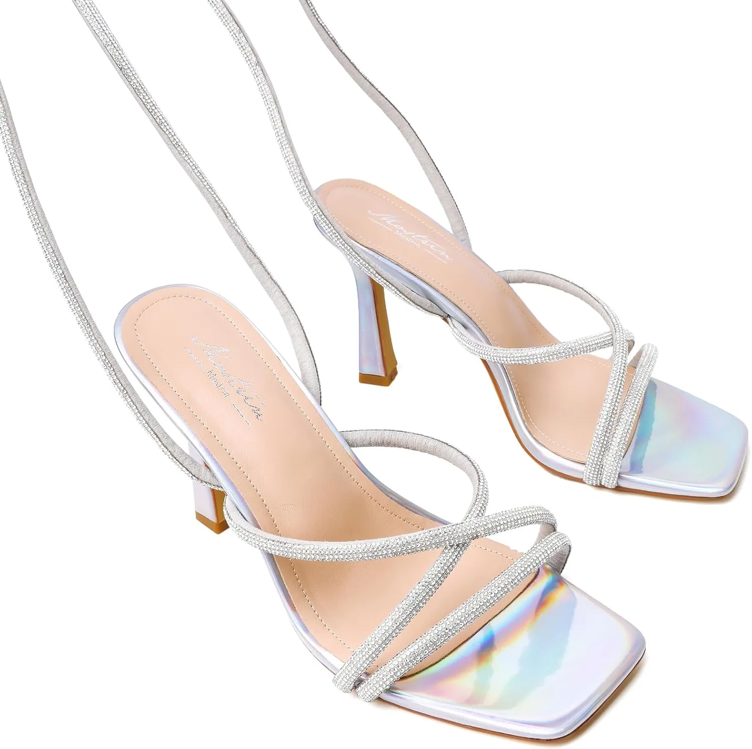 Mostrin Womens Sandals Strappy Heels for Women Lace Up Square Open Toe Heels Tie Up High Heeled Sandals for Prom, Party, Daily Wear