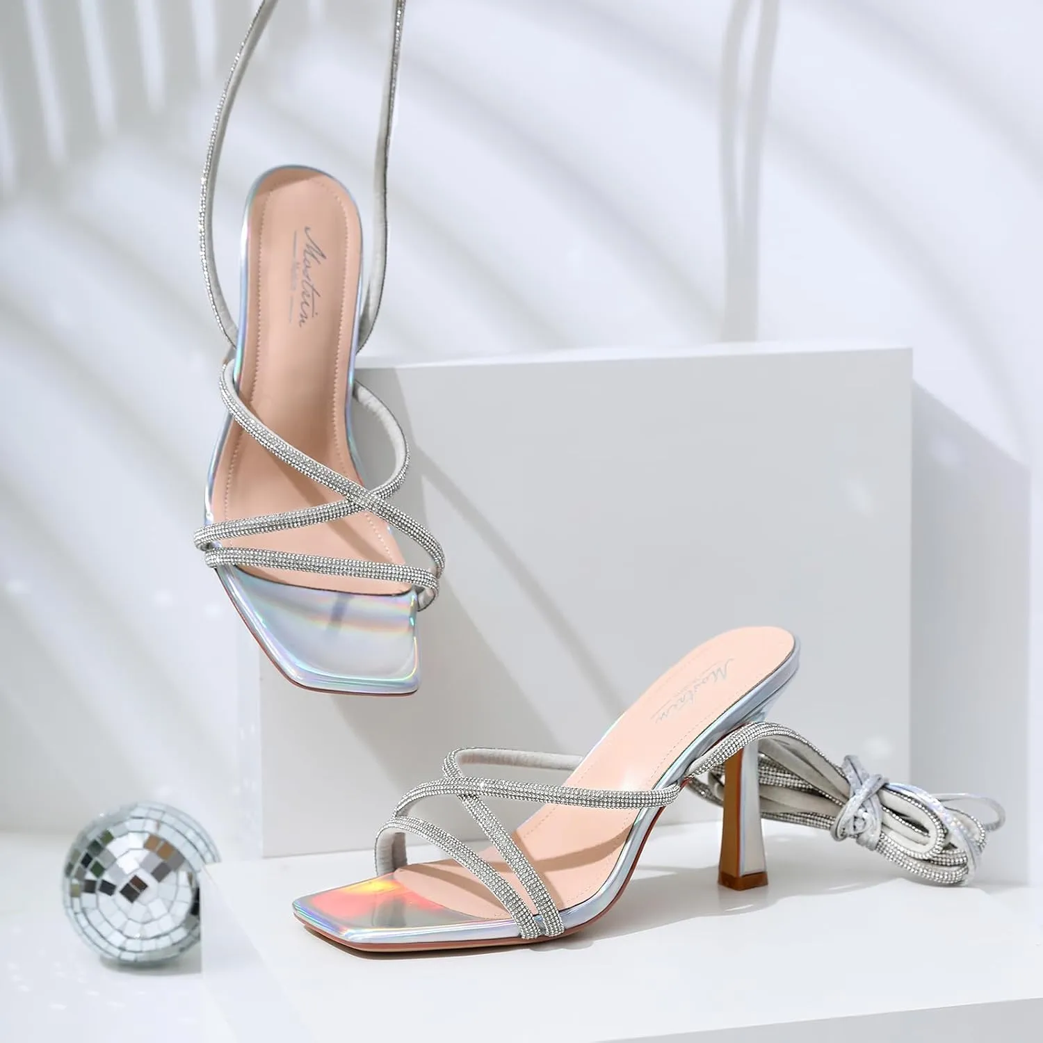 Mostrin Womens Sandals Strappy Heels for Women Lace Up Square Open Toe Heels Tie Up High Heeled Sandals for Prom, Party, Daily Wear