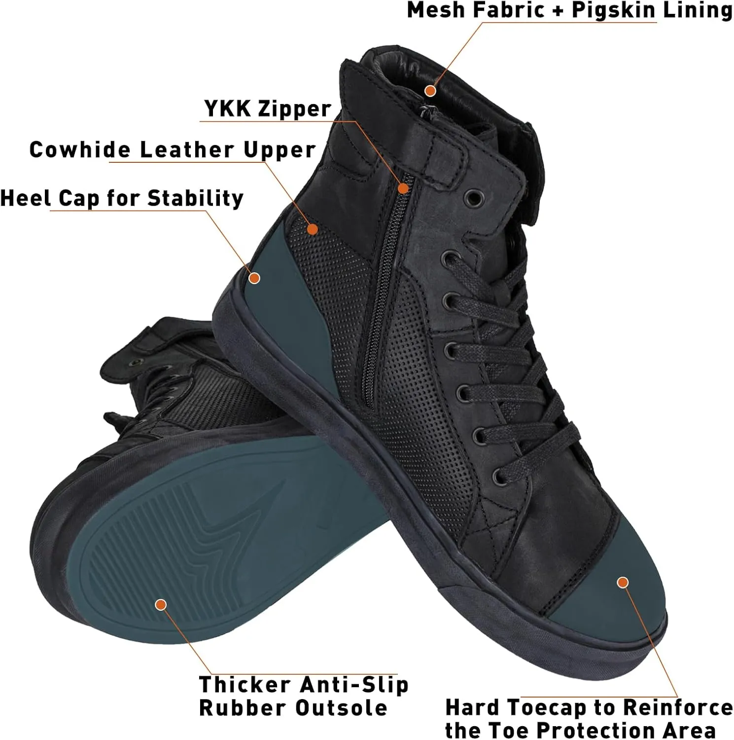 Motorcycle Boots Leather Breathable Street Riding Shoes with Ankle Support and Side Zipper