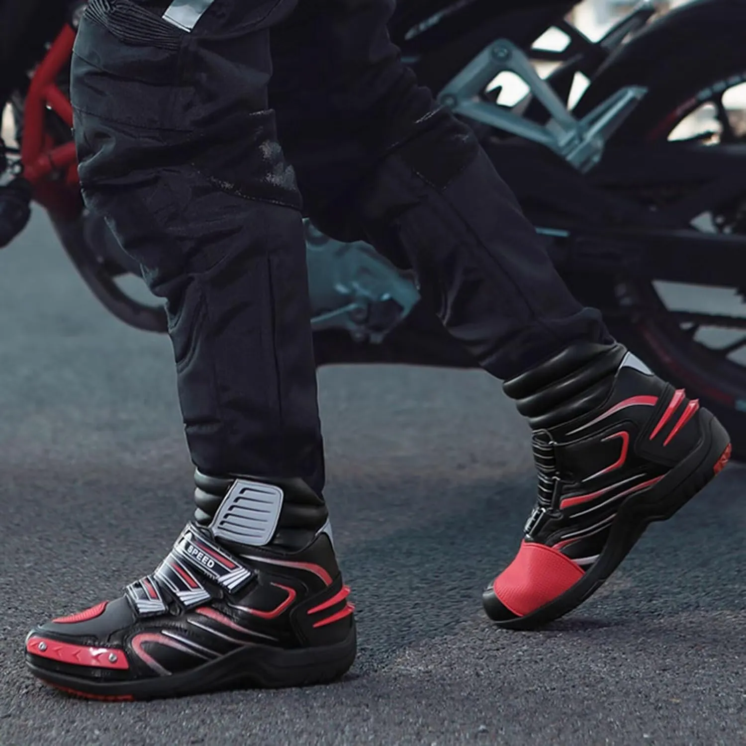 Motorcycle Shoes for Men Self-Adhesive Breathable Casual Road Street Motocross Protective Boots Extra Gear Shift Pad Waterproof Reflective Gear for Touring & Street