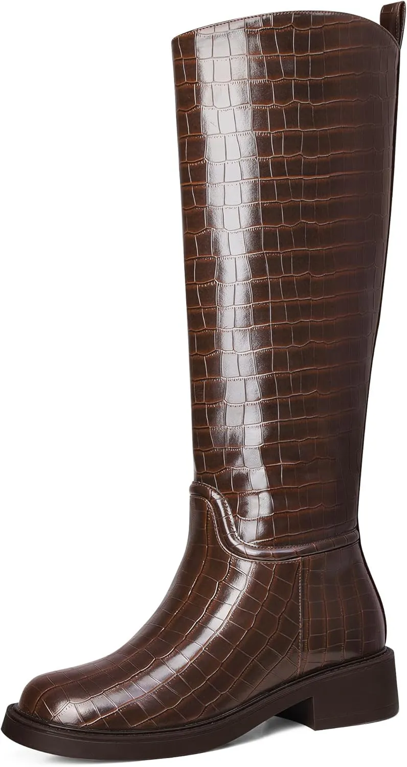 MUCCCUTE Knee High Boots for Women Chunky Low Block Heel Tall Boots Round Toe Comfort Long Fall Boots Pull On