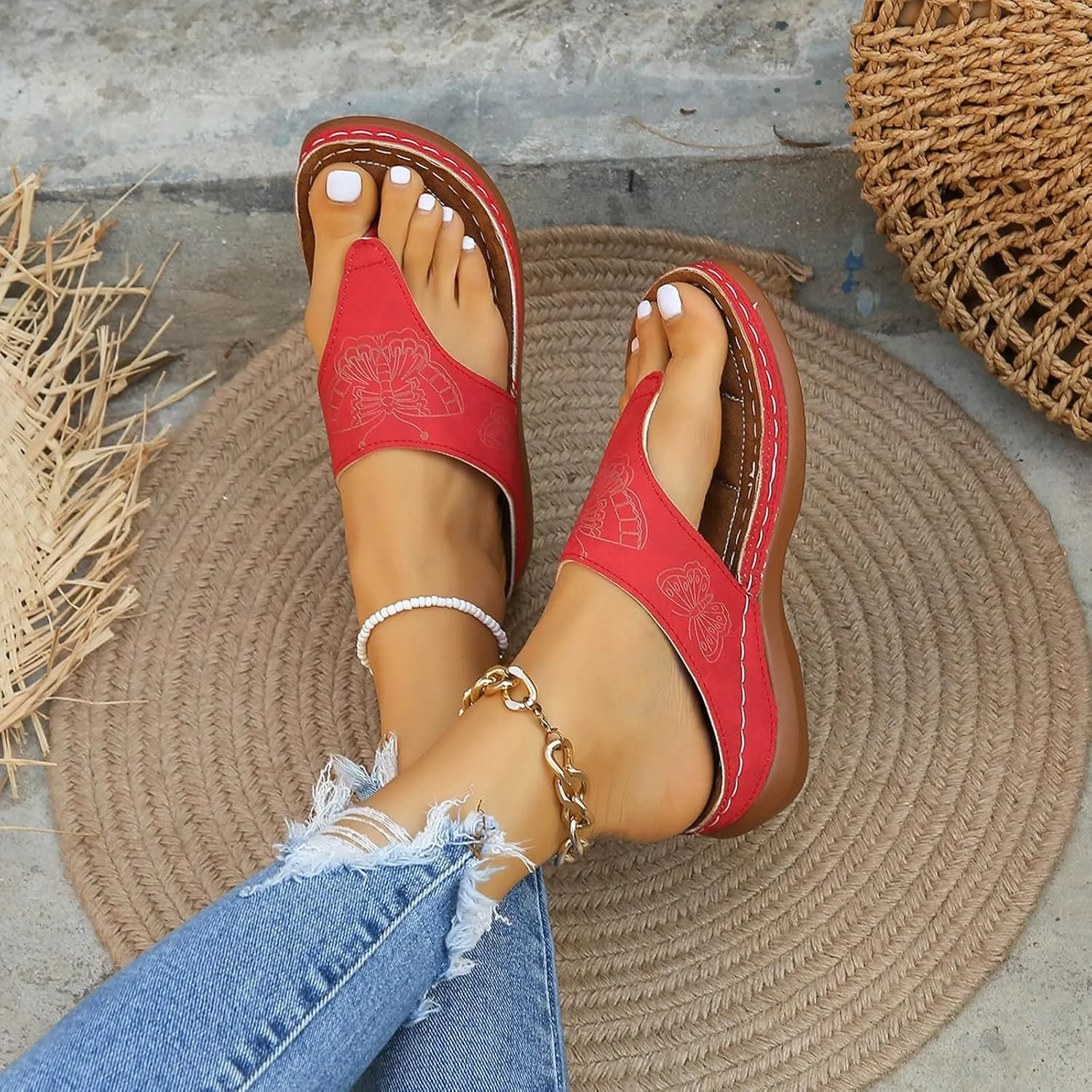 Orthopedic Wedge Flip Flops for Women Summer Dressy 2025 Summer Casual Open Toe Pattern Print Fashion Non Slip Slingback Silppers Wedge Beach Travel Walking Comfortable Sandals with Arch Support