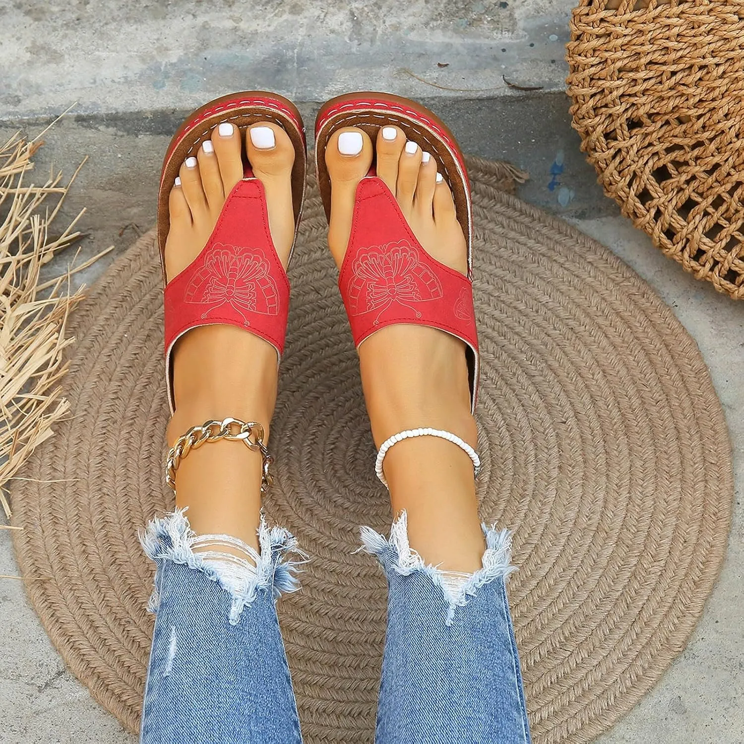 Orthopedic Wedge Flip Flops for Women Summer Dressy 2025 Summer Casual Open Toe Pattern Print Fashion Non Slip Slingback Silppers Wedge Beach Travel Walking Comfortable Sandals with Arch Support