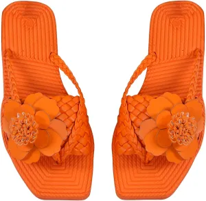 OYOANGLE Women's Boho Floral Decor Square Open Toe Braided Thong Sandals Square Open Toe Slide Sandals