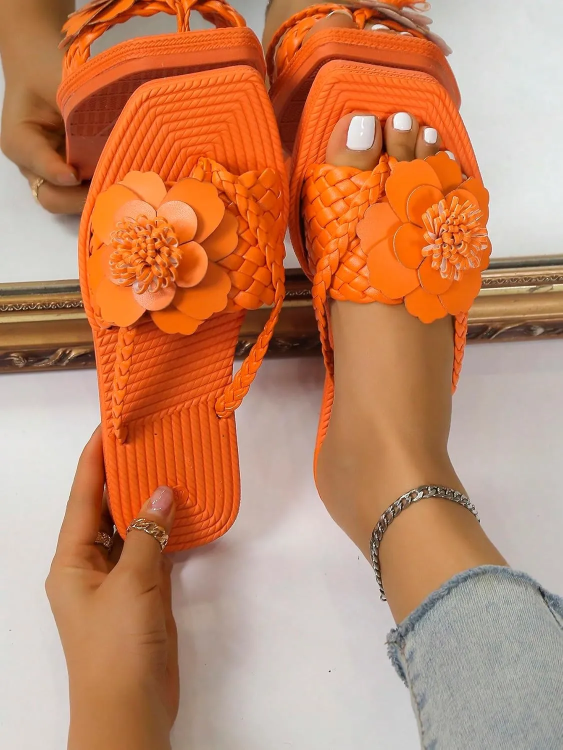 OYOANGLE Women's Boho Floral Decor Square Open Toe Braided Thong Sandals Square Open Toe Slide Sandals