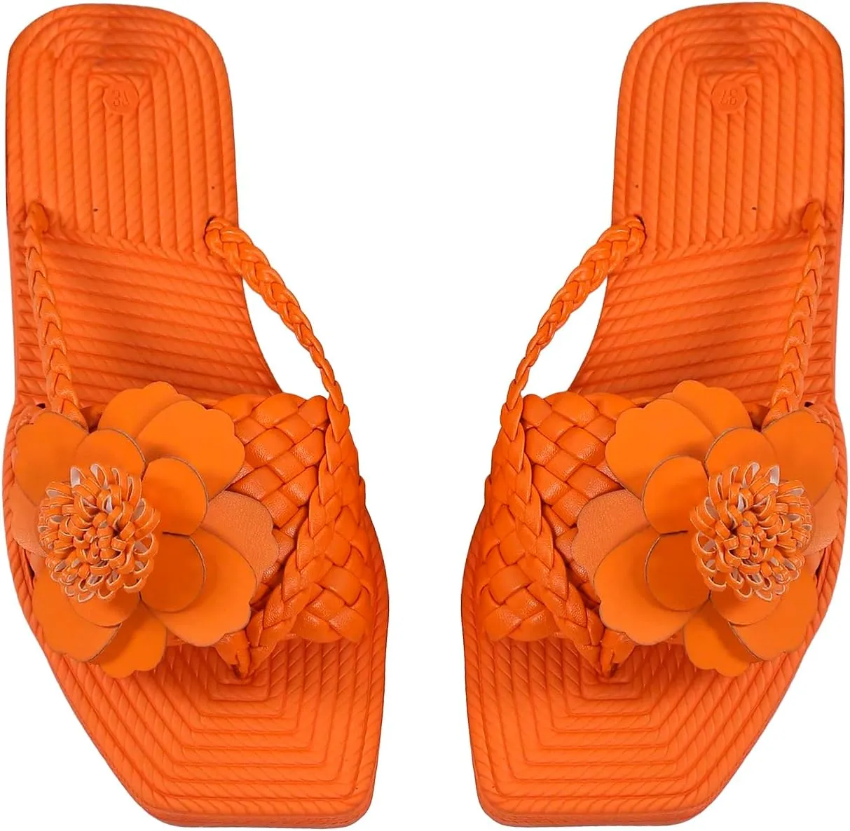 OYOANGLE Women's Boho Floral Decor Square Open Toe Braided Thong Sandals Square Open Toe Slide Sandals