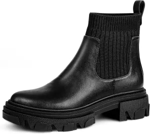 PIZZ ANNU Women's ClEARY Fashion Chelsea Boots Platform Lug Sole Combat Casual Elastic Chunky Heel Ankle Booties Shoes