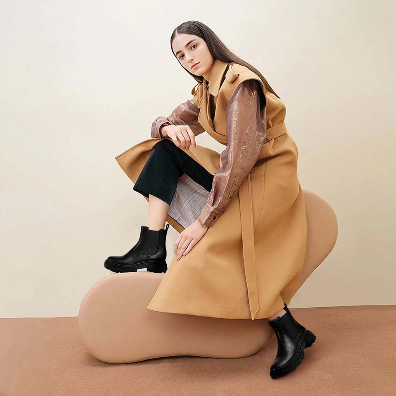 PIZZ ANNU Women's Dani Platform Chelsea Boots Fashion Lug Sole Combat Chunky Block Heel Slip on Elastic Gore Ankle Booties Shoes